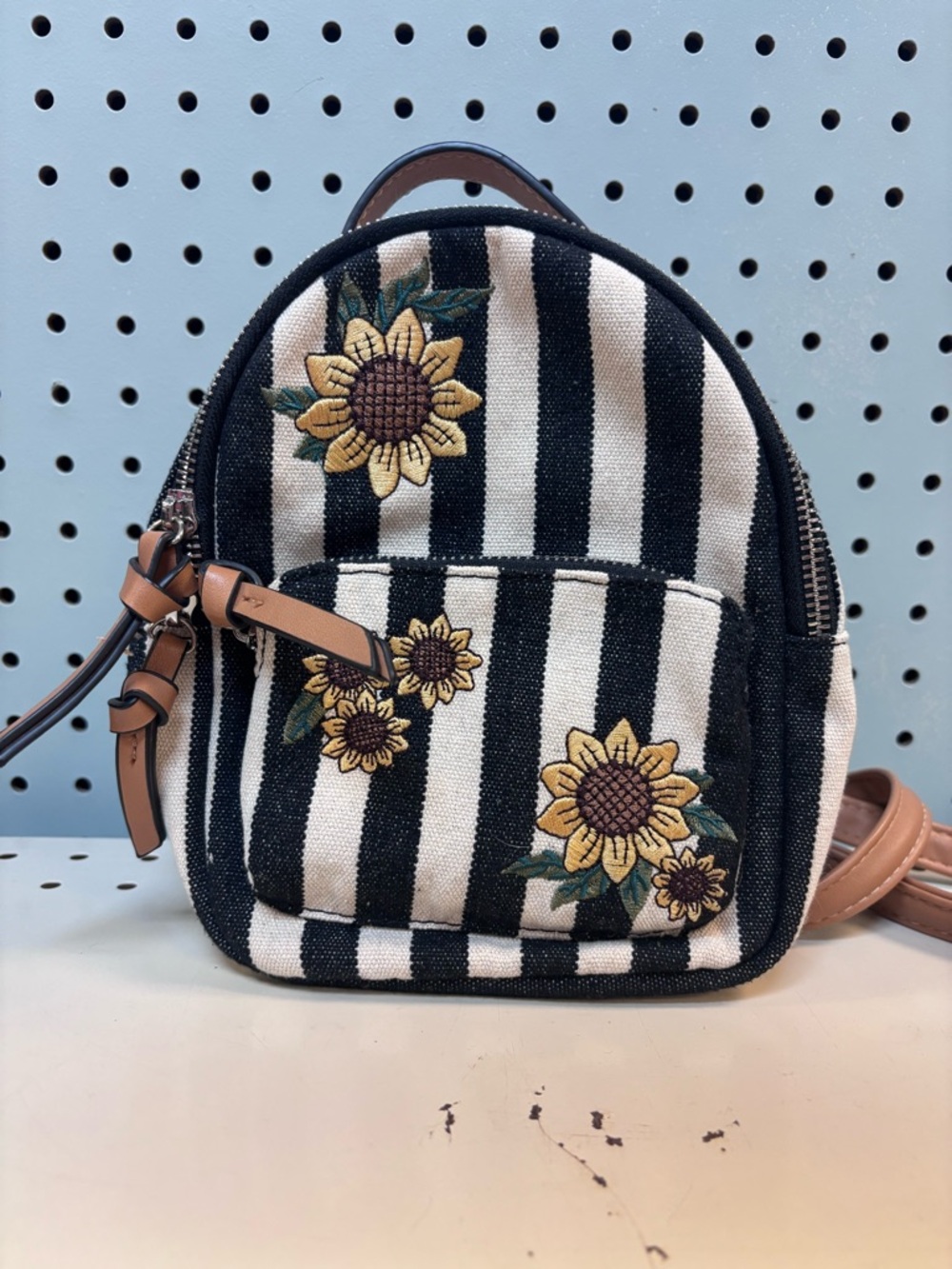 Striped Sunflower Embroidered Mini Backpack - Black & White